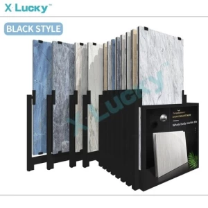 Lucky Factory Modern Rotatable Slab Tiles Display Rack Floor Marble Ceramic Metal Shelf Sliding Rotate Large Stone Display Stand
