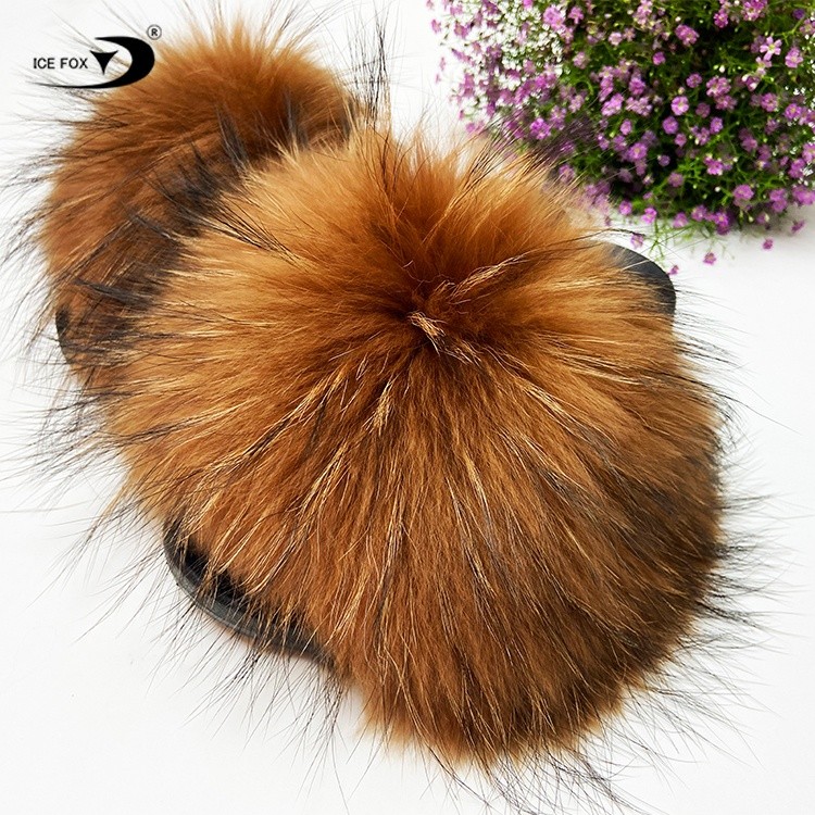 Luxurious slide wholesale fluffy full fur slippers all covered women brown real raccoon fur slippers