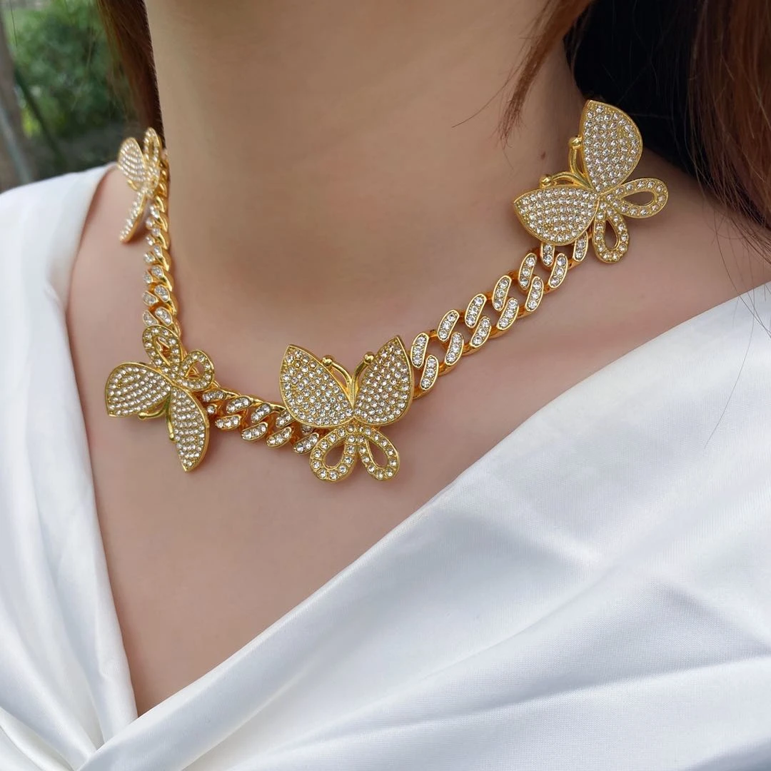 Luxury Personalized Hot selling Hips Hops 12mm Bling Bling Rhinestone Crystal Rose Gold butterfly cuban link necklace