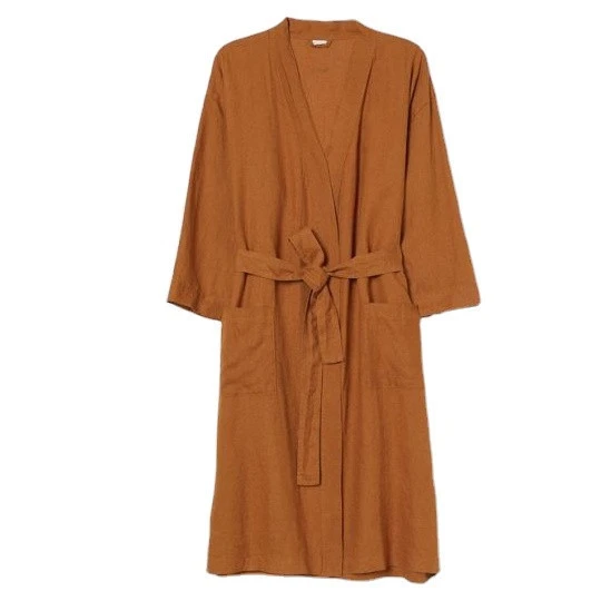 LZ 100% french pure linen simple leisure pajama couples home wear bathrobe dress for honeymoon loungewear