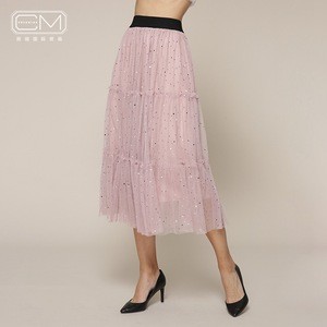 Mid-calf Knitted Ruffle Pleated Pink Skirts With Sequined