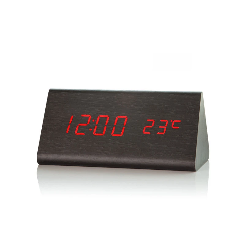 Minimalist Style Temperature Within Calendar Solid Digital Wooden Triangle Alarm Desk Clocks
