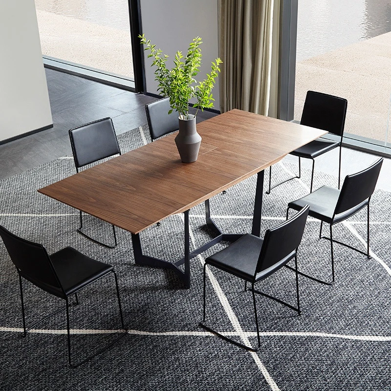 Modern dining table dining furniture high carbon steel solid wood walnut skin retractable dining table