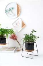 New design Planter Stand Metal with Bamboo, Desktop Flower Pot Tray