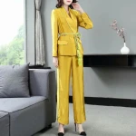 New Goddess Fashion Lady Suits Pants Blazer Set Women Two-piece Suit with Belt Yellow 1 Piece 100% Polyester Terno Knitted