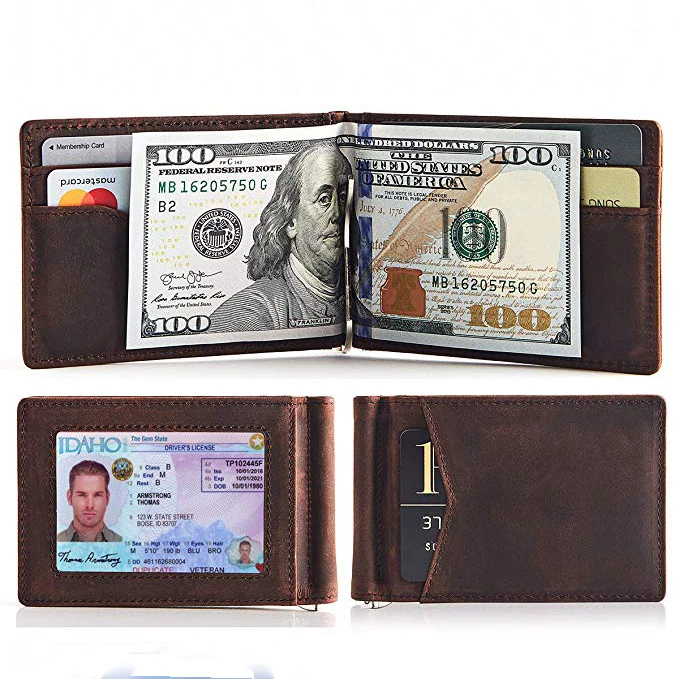 New Minimalist Slim Mens Bifold Genuine Leather Wallet with Money Clip