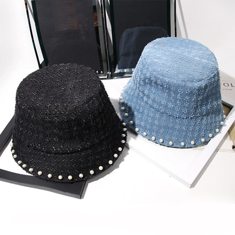 New women&#x27;s spring and autumn all-match sanded bucket cover face sunscreen pearl cowboy bucket hat