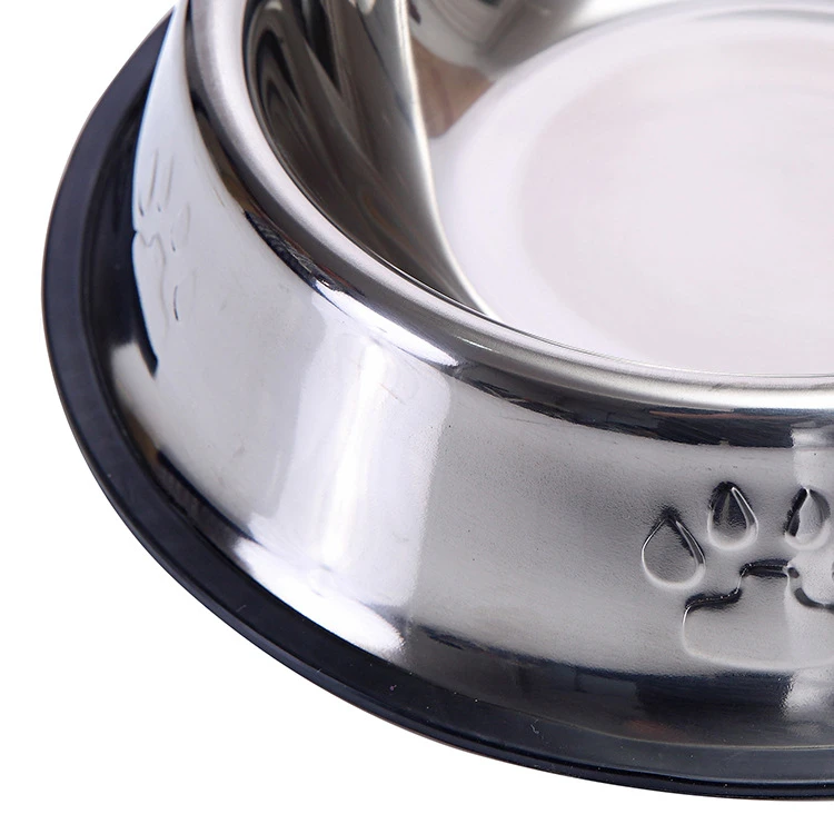 Non-slip rubber ring cheap price footprint stamped stainless steel dog and cat food bowl