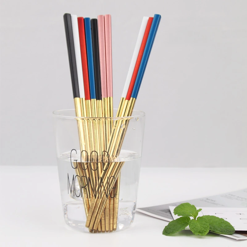 Premium Stainless Steel Reusable Dishwasher Safe Lightweight Square Handle 5 Pairs Metal Chopsticks