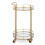 Rolling Wheeled Design Mirrored Shelves Round Modern Gold Finish Trolley Bar Cart
