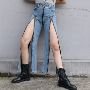 Royal wolf denim crotch zipper jeans factory women trend front to back zipper jeans pants open crotch jeans