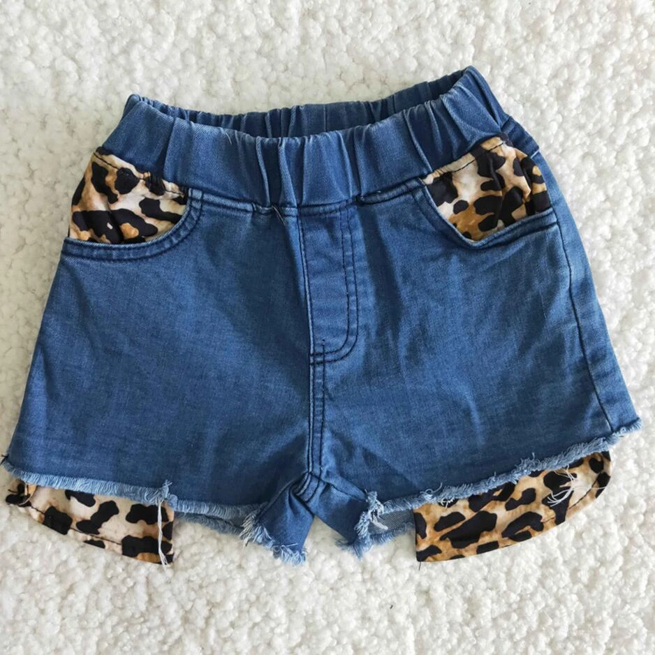 RTS wholesale baby girls denim distressed leopard color summer kids toddler children shorts fashion no moq cute children jeans