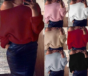 Sexy off-the-shoulder solid color long-sleeved women&#039;s sweater top 7 colors