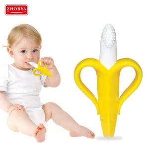 Soft banana shape silicone baby teether toy set with double handle