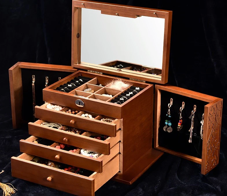 Solid Wooden Jewelry Box Makeup and Organizer Women Ring Storage with 4-Drawers