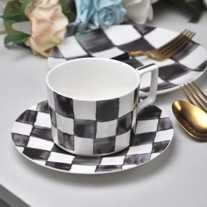 Stock products ceramic bone china tea cup black and white grid coffee mug cups and saucer