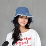 Summer Women Fashion Tassel Floppy Sun Hat Wide Brim Worn Out Denim Beach Bucket Hat