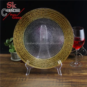 super quality	transparent lead-free crystal 13inch beaded glass charger plate - gold trim	with color printed logo