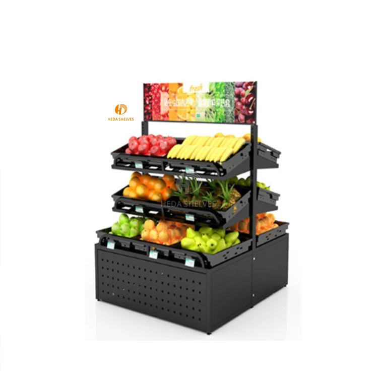 Supermarket commercial groceries wood metal fruits and vegetables racking display shelves stand design store shelf racks