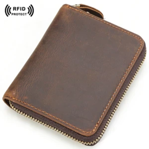 Tiding Brown Zipper RFID Wallet Bifold Genuine Cow Leather Coin Purse Men