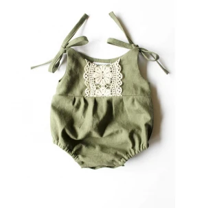 vintage toddler Olive linen baby romper with lace