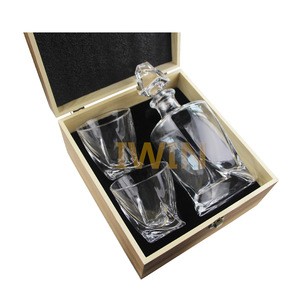 Whiskey Decanter With Twist Whiskey Glasses Set of 3 in Hand Crafted Wooden Box
