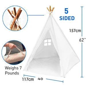 White Color Kids Play House Indian Wood Rods 5 Poles Pure Cloth Eco Friendly DIY Kids Teepee Tent Children Toy Tent with Cushion
