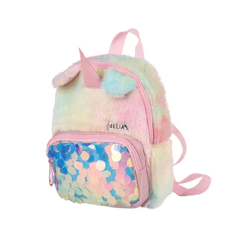 Wholesale 2020 Fashion Big Sequin Girls Plush Pink Travel Backpack Kids Cute Unicorn School Bags Charm Unicorn Backpack