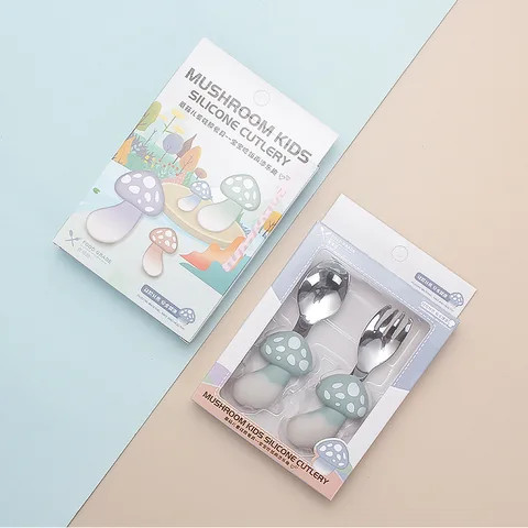 Wholesale Food Grade BPA-Free Infant Asparagus Shape Handle Silicone Stainless Steels Fork And Spoon Suit