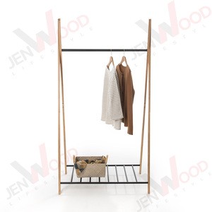 Wholesale modern portable free standing metal bamboo wood coat rack stand with shoe storage shelf