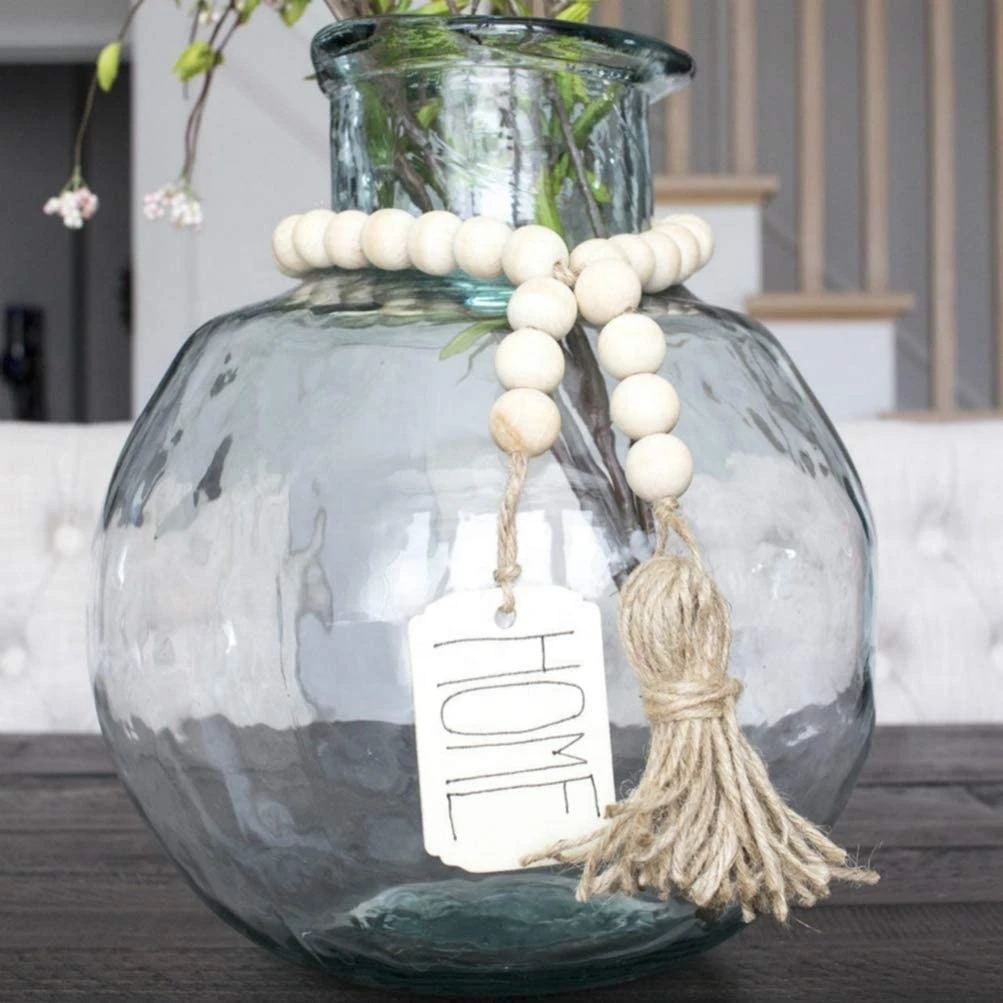 Wood Bead Garland with Tassels Farmhouse Beads Rustic Wall Hanging Decor Holiday Decoration Prayer Beads