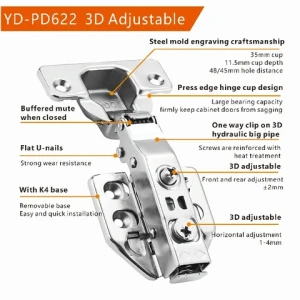 YOUDO Factory 3D Adjustable Clip-on Furniture Hardware Furniture Cabinet Hinges Soft Close Concealed  Hydraulic Hinges