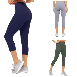 Women High Waist Capri Leggings Soft Stretchy Breathable Tummy Control Yoga Running Fitness Sports Cropped Pants