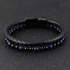 Hot Selling Natural  Blue Tiger Eye Stone Bead Bracelet Leather Woven Leather Stainless Steel Multilayer Bracelet Bracelet