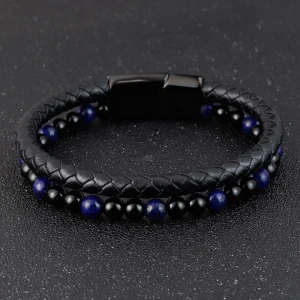 Hot Selling Natural  Blue Tiger Eye Stone Bead Bracelet Leather Woven Leather Stainless Steel Multilayer Bracelet Bracelet