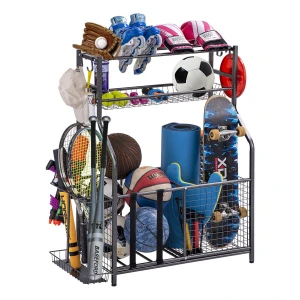 Stainless Steel Sports Equipment Storage Rack Garage Basketball Organizer for Ball Outdoor with Baskets and Hooks