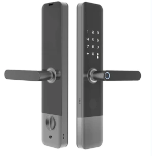 Black cheap wooden front door glossy home office M1card key backup digital electronic intelligent handle smart door lock