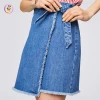100% Cotton Frayed Denim Wraps Short Pants Adjustable Side Tie Button Jeans Women Skirt