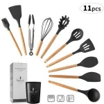 11Pcs Silicone Kitchen Utensils With Wooden Handle Silicone Dark Gray Kitchen Utensils