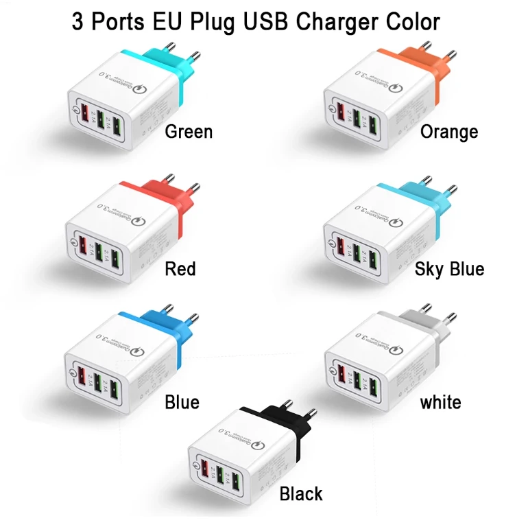 2020 Candy color Charger wall QC3.0  Universal Adaptor Power Adapter  3 USB or Mobile 3A Phone 5v 9v 12v 15v 20v