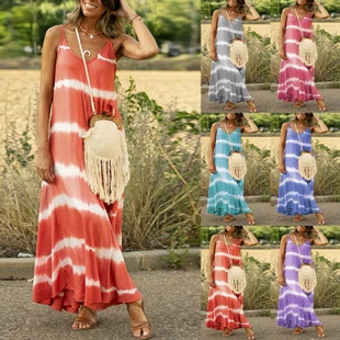 2020 European and American womens   hot style hanging band loose tie-dye printing casual one-piece dress