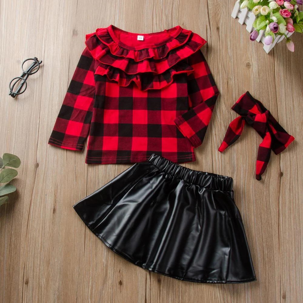 2020 Fall/Winter Little Girls Clothing Sets Fashion Kids Long sleeves Plaid shirt+Leather skirt+Headband 3Pcs Baby girl Outfit