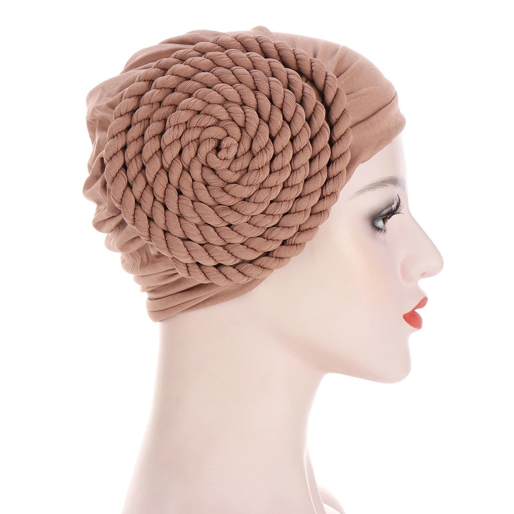 2020Muslim Women Solid Color Braid Ruffle Turban Hat chemotherapy Chemo Beanies  Headwrap Plated Headwear Hair Accessories
