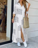 2021 New Style Fashion Slit Turn-down Collar Shirt Dress Hight Quality Printed Long Dress Long Sleeve Daily Casual Dresses