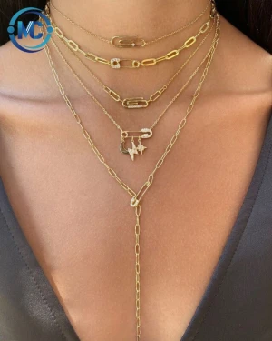 2021 Newest Trendy Star Moon Paper Clip Pin Multi Layered Rhinestone Diamond Necklace Set Jewelry Women
