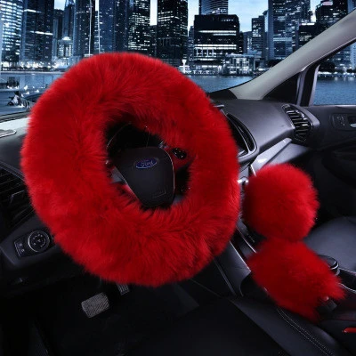 3PCS Sets Cute Girl Universal Car Accessories Furry Warm Pink Fluffy Comfortable Hand Brake Gear Real Fur Steering Wheel Cover