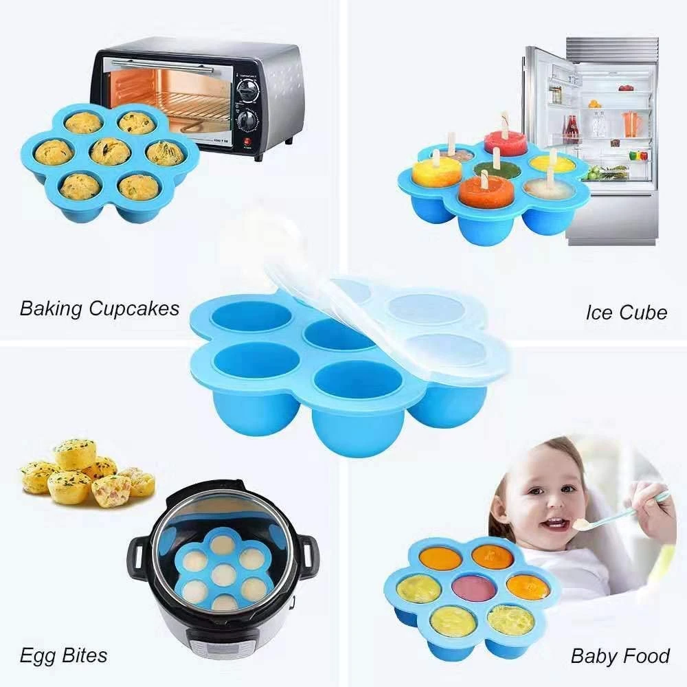7-hole round silicone egg baby food supplement box with lid, silicone ice tray mold, silicone baking molds