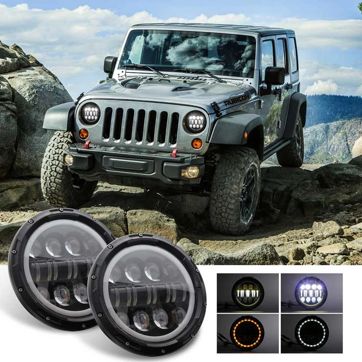 7" Inch LED Headlight Plug & Play Halo DRL Round Headlamps DOT Approved 1997-Jeep Wrangler JK LJ TJ with High / Low Beam