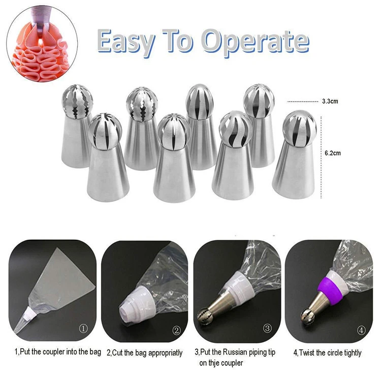 8pcs  Bag Kitchen Ball Shape Bakeware Piping Nozzles Stainless Steel Cake Piping Tips Sets Stainless Steel Russian Sets