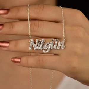 925 sterling silver gold plated bling diamond name necklace personalised